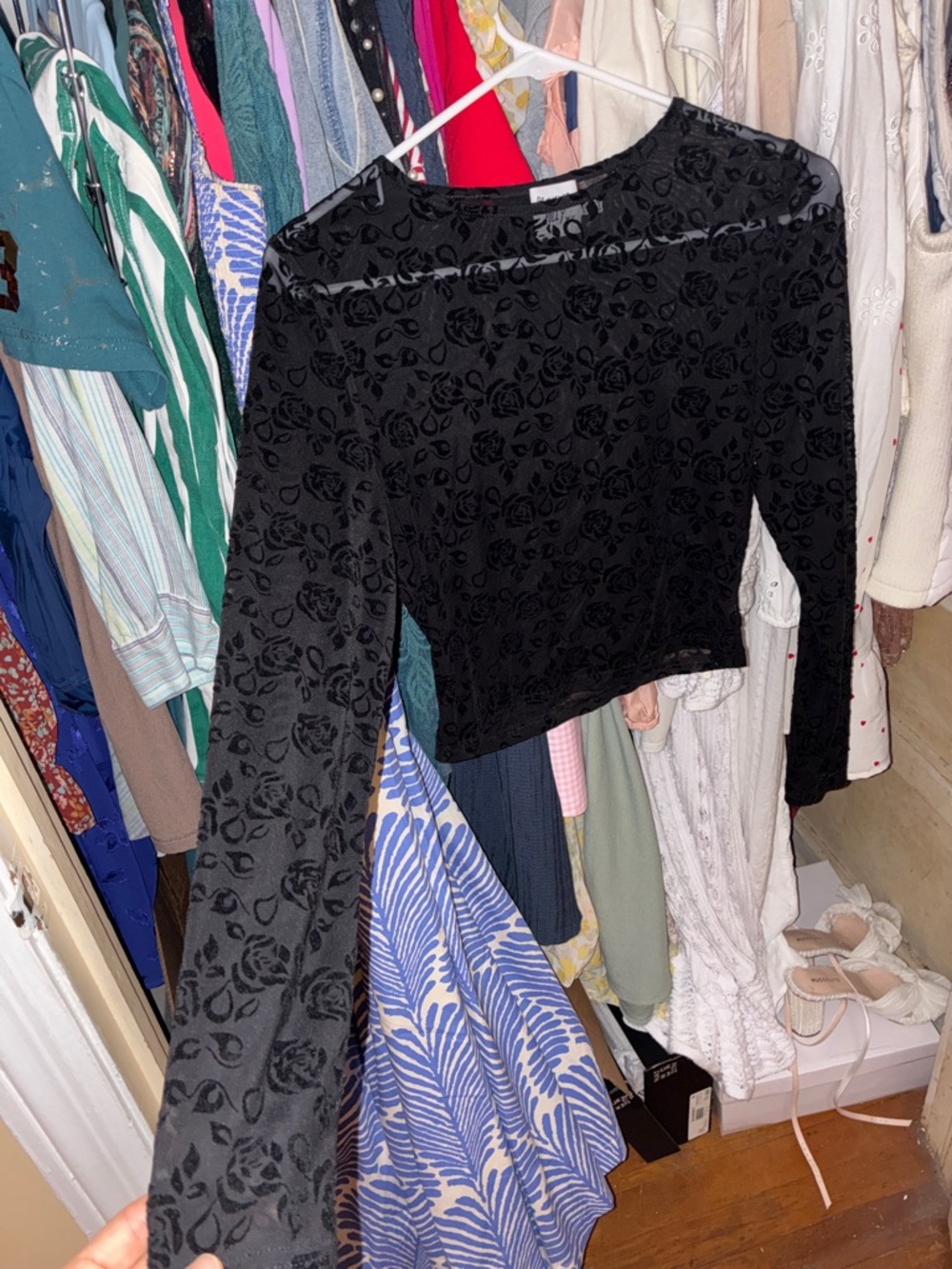 Princess Polly Black Velvet Burnout Floral Long Sleeve Top